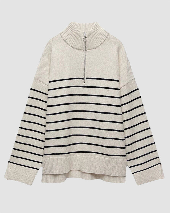 Mock Neck Zip-Up Striped Pullover Loose Sweater