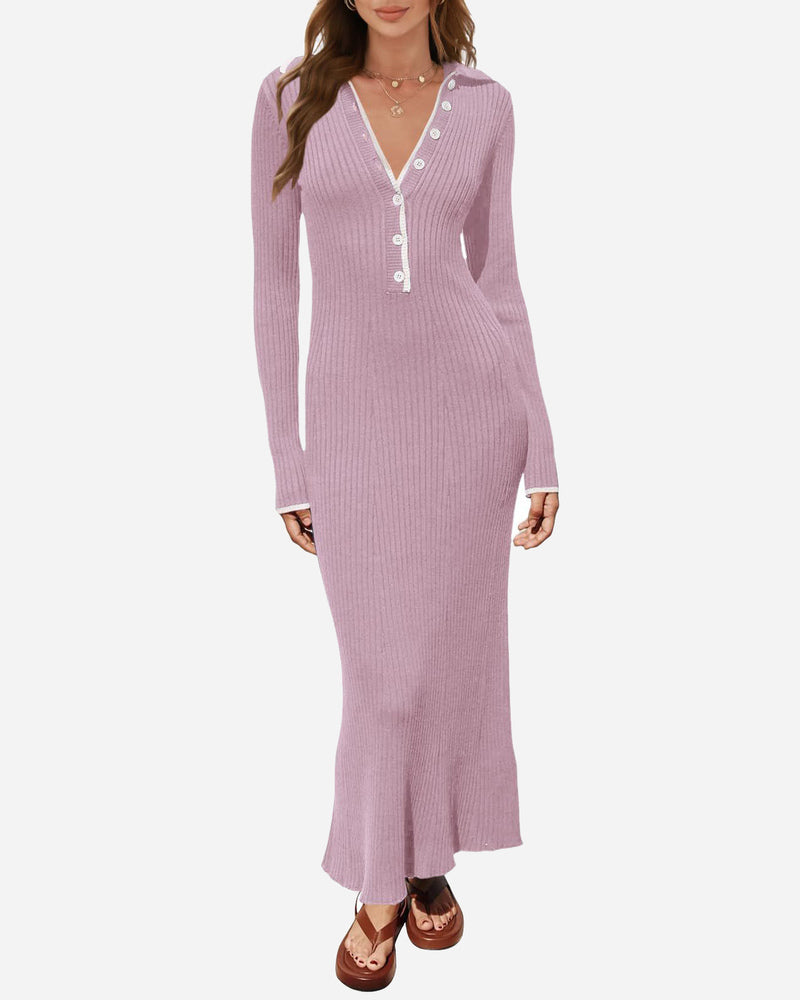 Turndown Collar Button Knit Slim Fit Maxi Dress