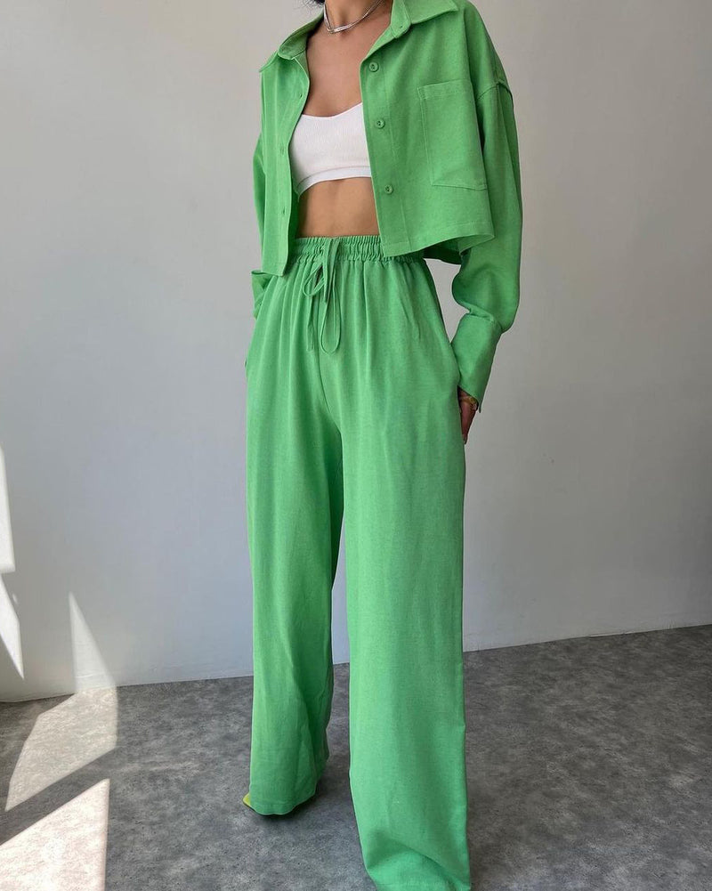 Two Piece Outfits Casual Lounge Sets Long Sleeve Short Casual Shirt with Drawstring Trousers Set