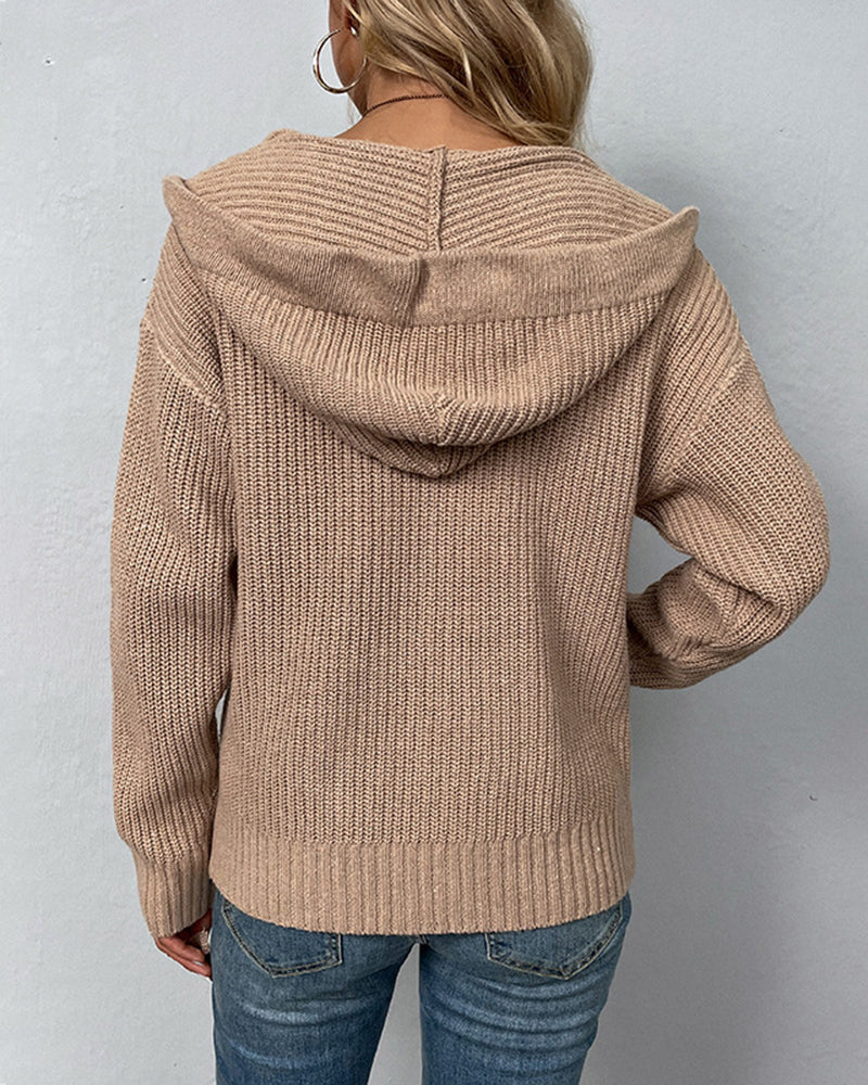 Long Sleeve Zipper Knitted Cardigan Hoodie Casual Short Sweater Outerwear