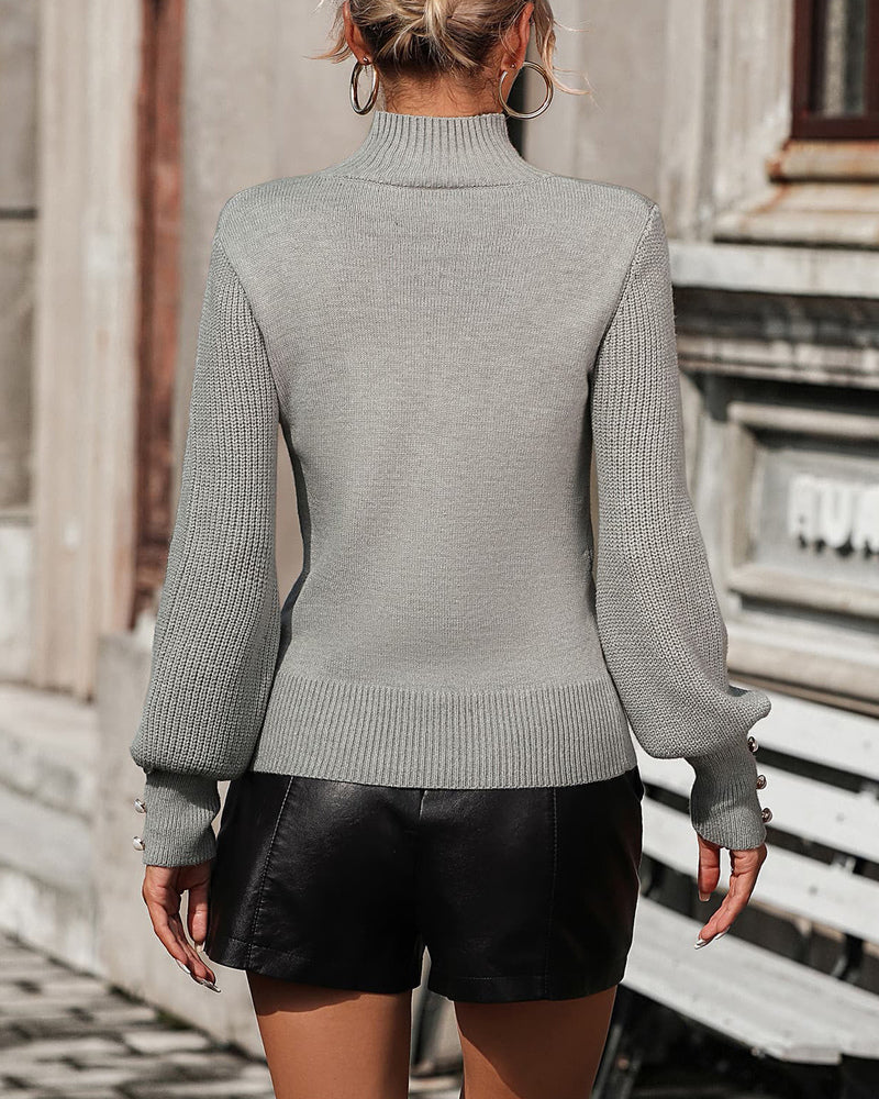 Solid Color High Neck Beaded Sleeves Sweater Versatile Knitwear