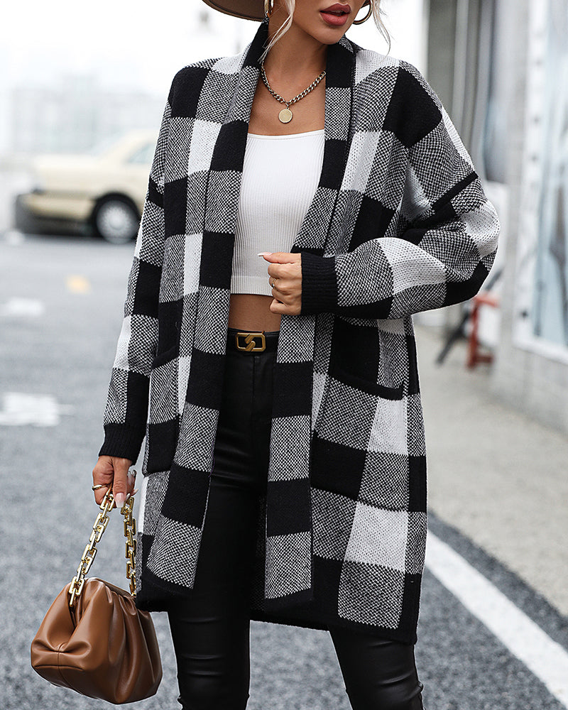 Plaid Dropped Shoulder Cardigan with Pocket