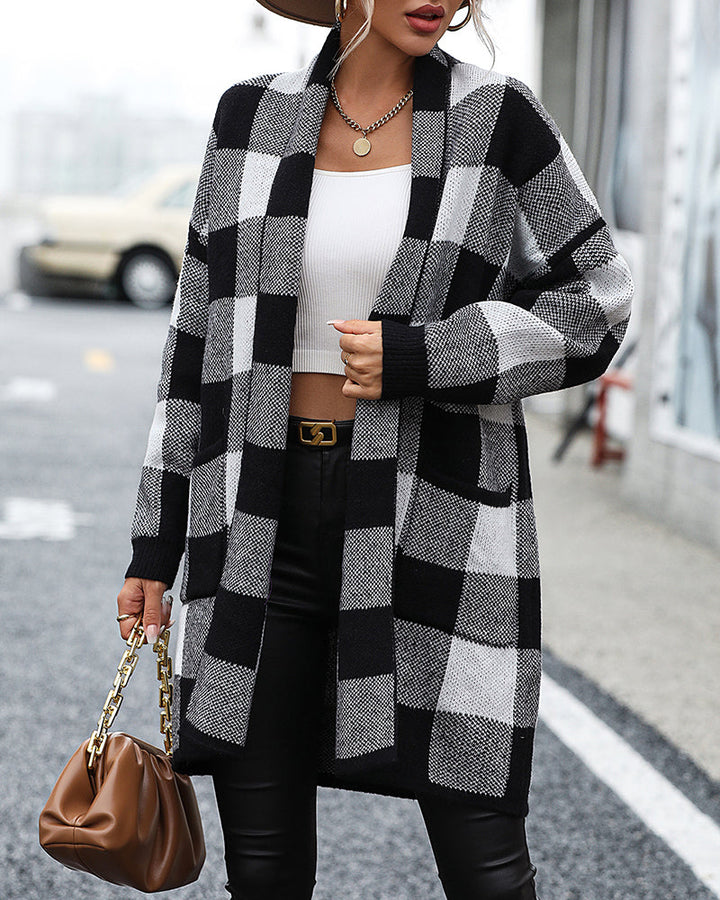 Plaid Dropped Shoulder Cardigan with Pocket