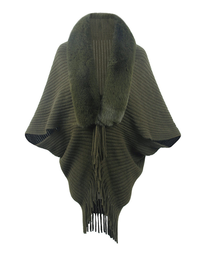 Knit Shawl Womens Solid Color Loose Collar Tassel Cape Knitted Cape Coat