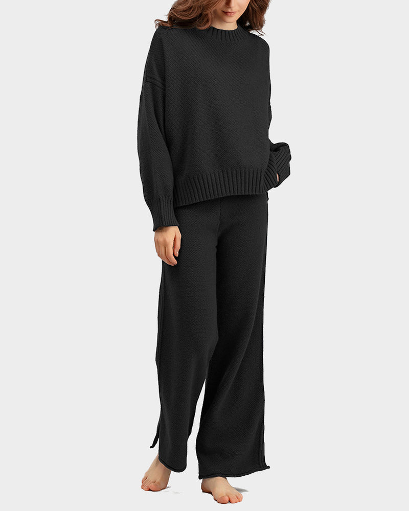 Casual Knit Two-Piece Set Loose-Fit Sweater and Wide-Leg Pants
