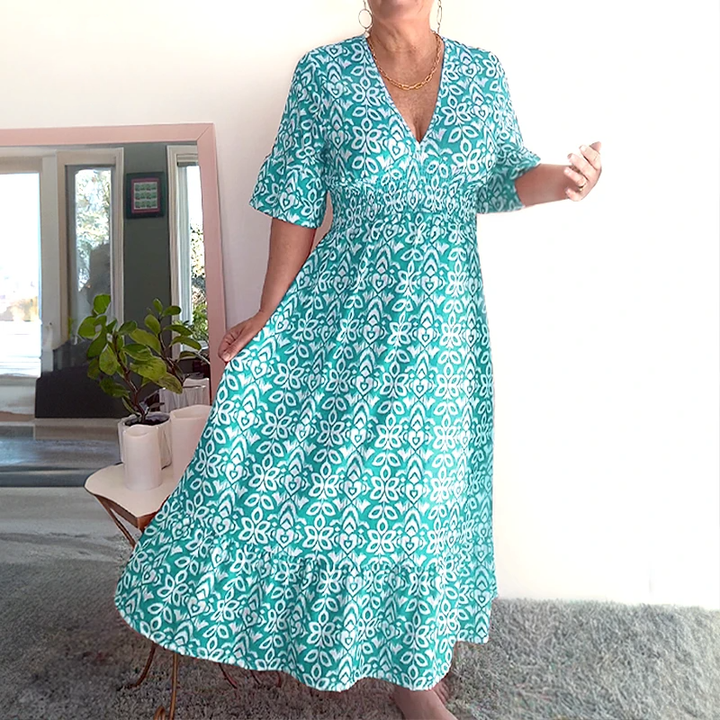 Olivia™ |Bohemian casual print V-neck waist wrap long dress