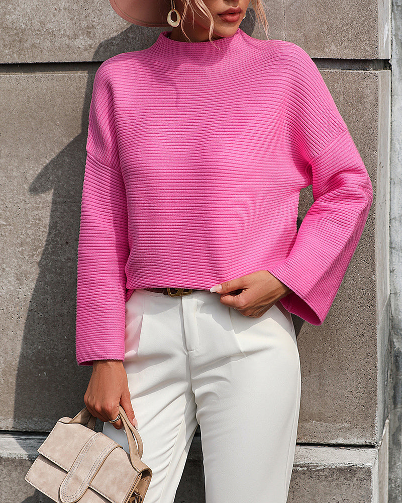 Crewneck Knitted Sweater Solid Color Batwing Long Sleeve Pullover Jumper Top