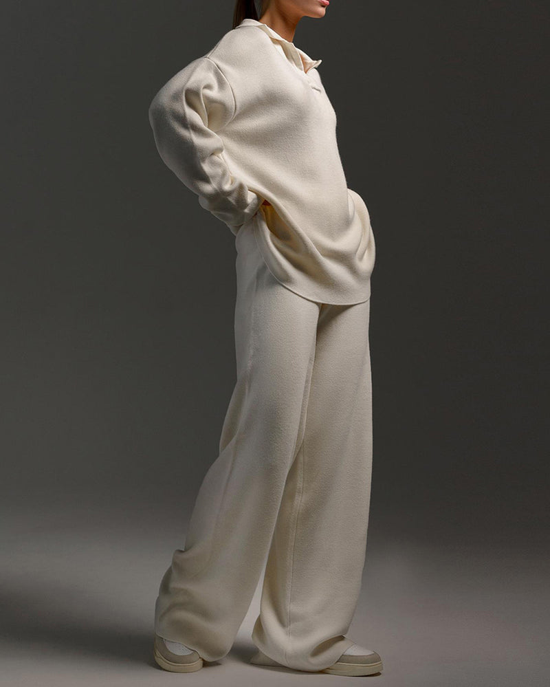 Casual Two-Pieces Outfits Lapel V Neck Sweater and Trousers Sets