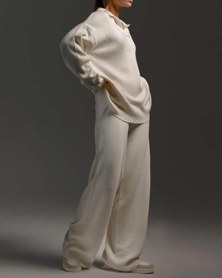 Casual Two-Pieces Outfits Lapel V Neck Sweater and Trousers Sets