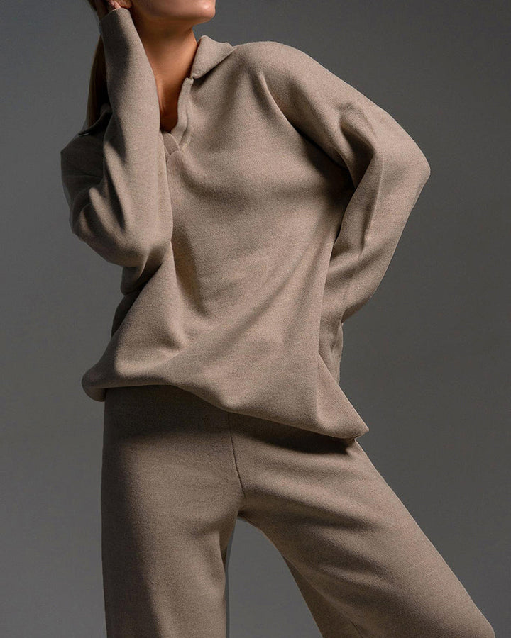 Casual Two-Pieces Outfits Lapel V Neck Sweater and Trousers Sets