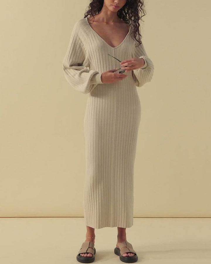 Casual Solid Color Knitted Dress V-neck Sweater Dress