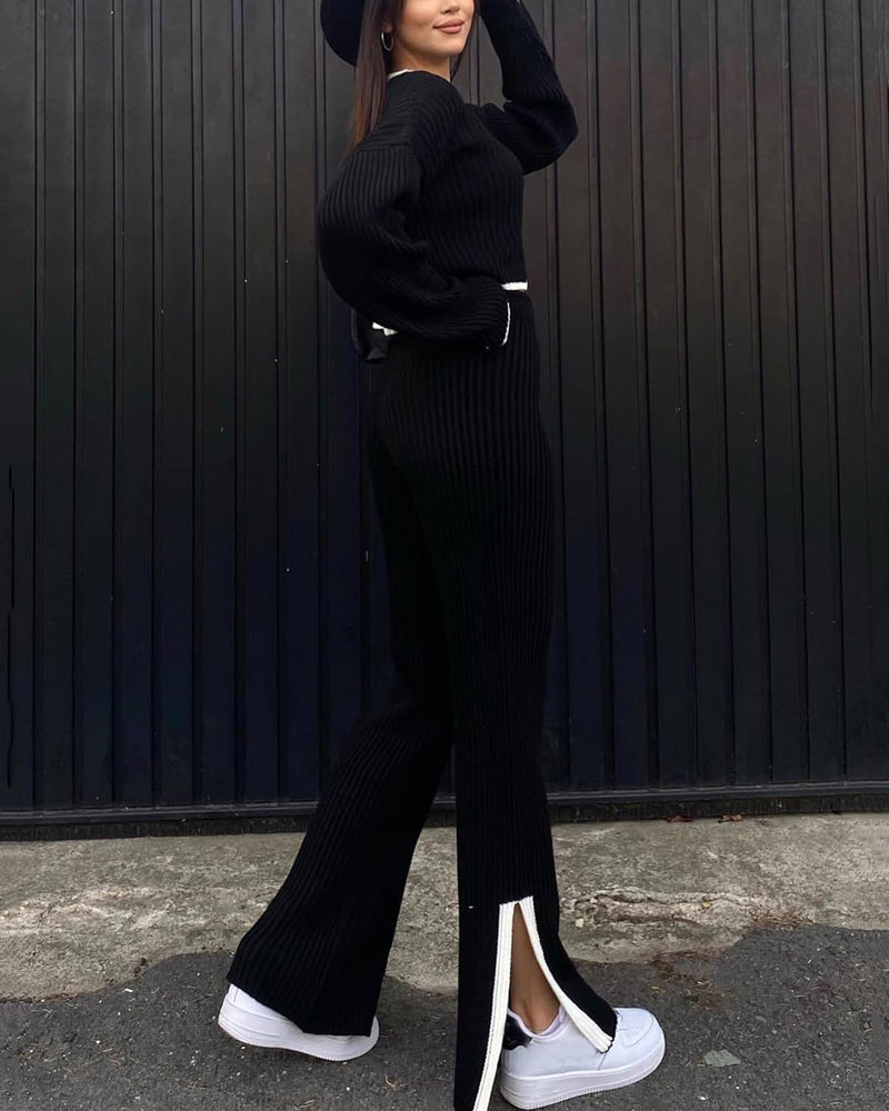 Knit Two Piece Outfit Color Block Cropped Top Long Pants Ribbed Sweater Set