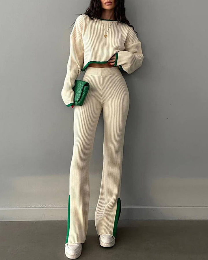 Knit Two Piece Outfit Color Block Cropped Top Long Pants Ribbed Sweater Set