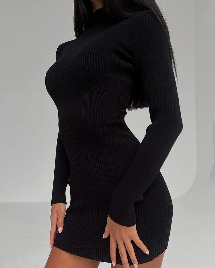 High Collar Short-length Pitted Knitted Dresses Women's Solid Color Knitted Dress