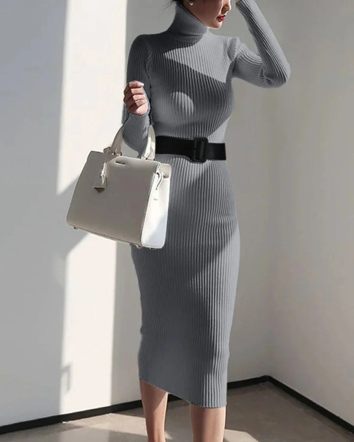 Elegant Turtleneck Sweater Dress Slim-fitting Belted Knee-length Knitted Dress