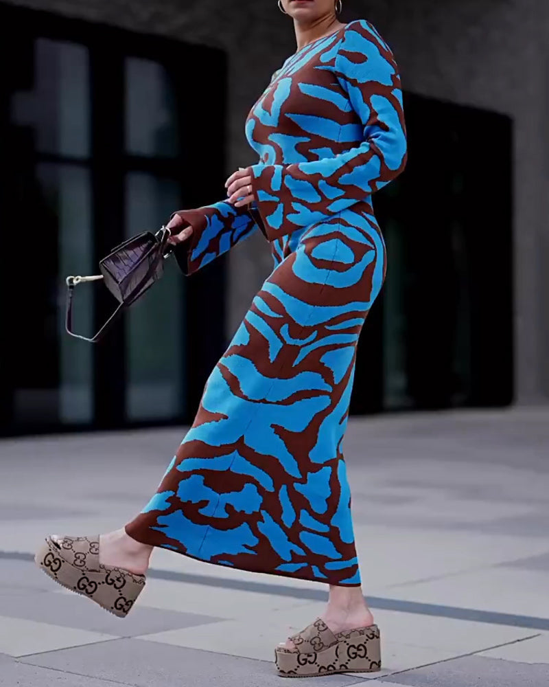 Round Neck Bell Sleeves Jacquard Slim Long Dress