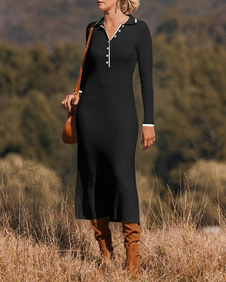 Turndown Collar Button Knit Slim Fit Maxi Dress