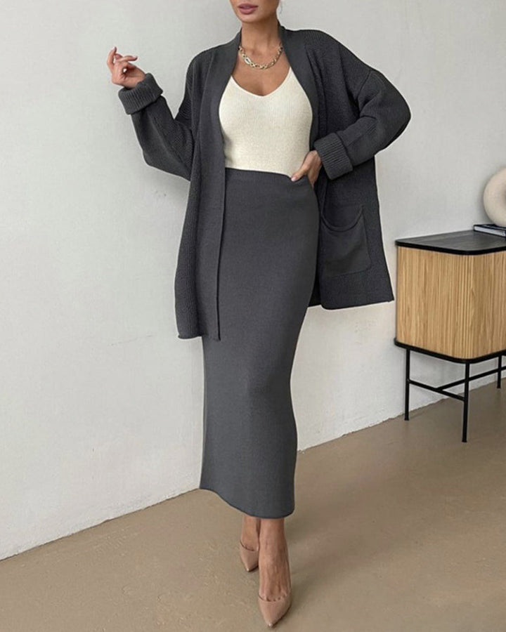 Two Piece Outfit Sweater Set Knitted Cardigan Loose High Waist Long Skirts