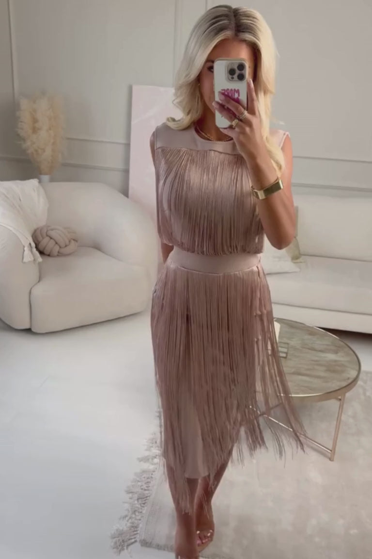 Glamorous Pink Gold Fringe Evening Dress