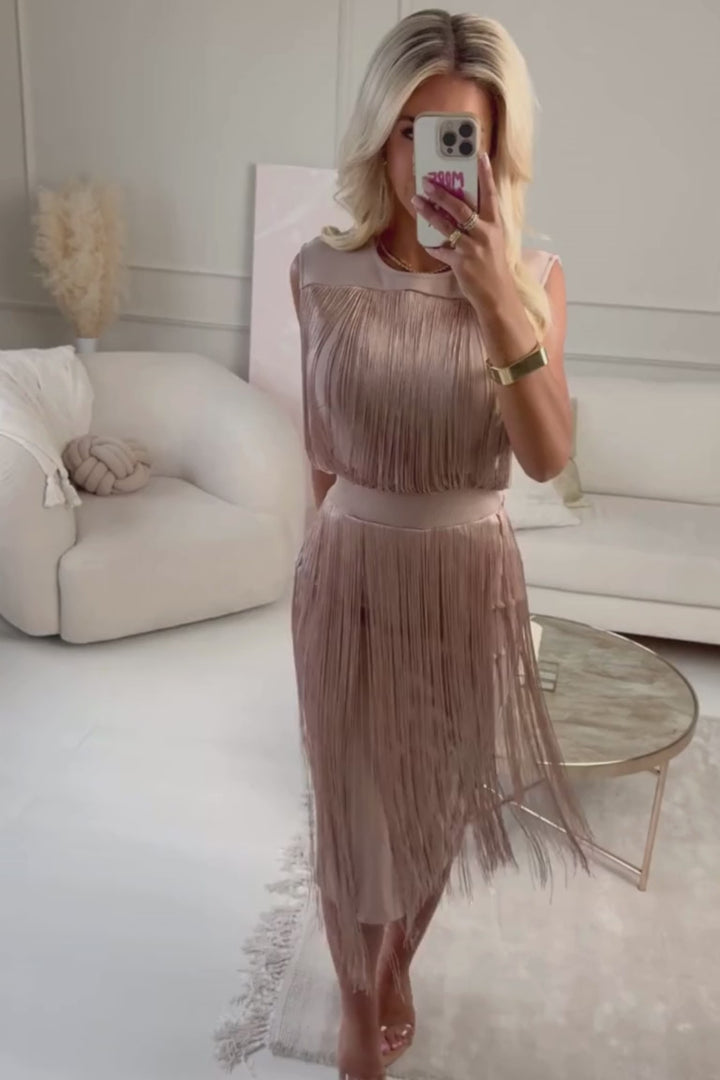 Glamorous Pink Gold Fringe Evening Dress
