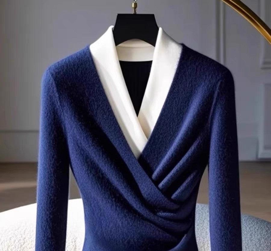 Blue V-Neck Long Sleeve Sweater