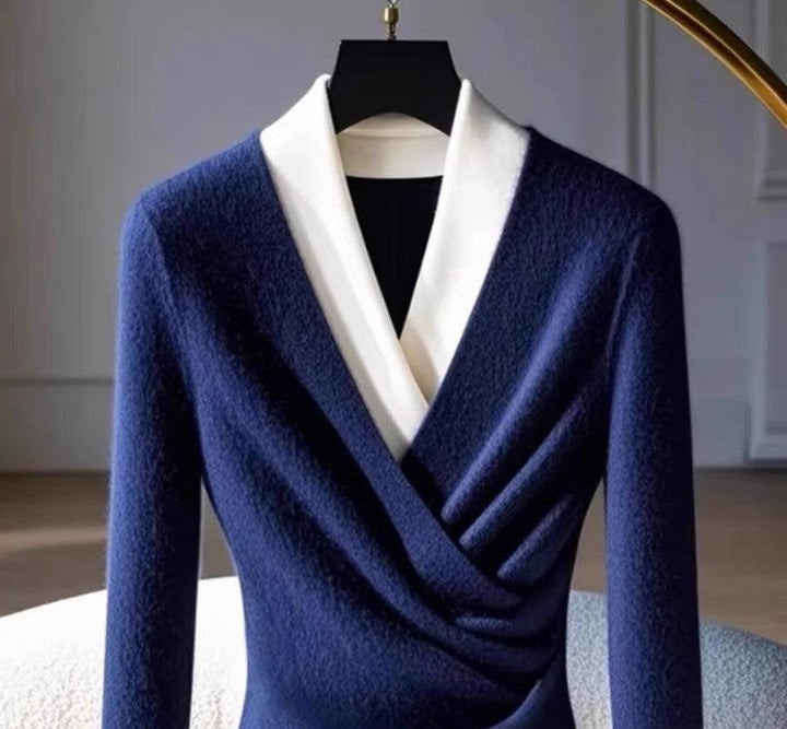 Blue V-Neck Long Sleeve Sweater